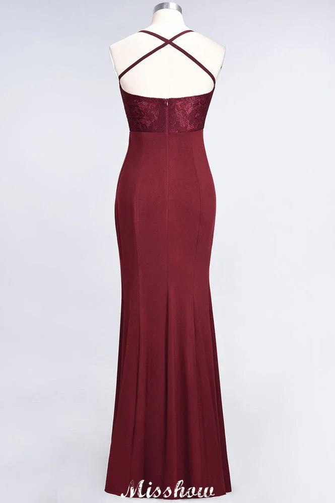 Robe de demoiselle d'honneur longue jusqu'au sol en dentelle et élasthanne, sans manches, à fines bretelles en forme de spaghetti, style sirène