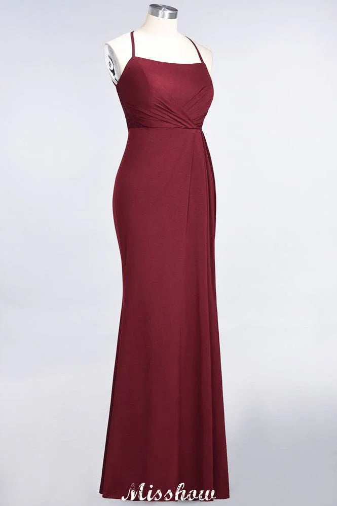 Robe de demoiselle d'honneur longue jusqu'au sol en dentelle et élasthanne, sans manches, à fines bretelles en forme de spaghetti, style sirène