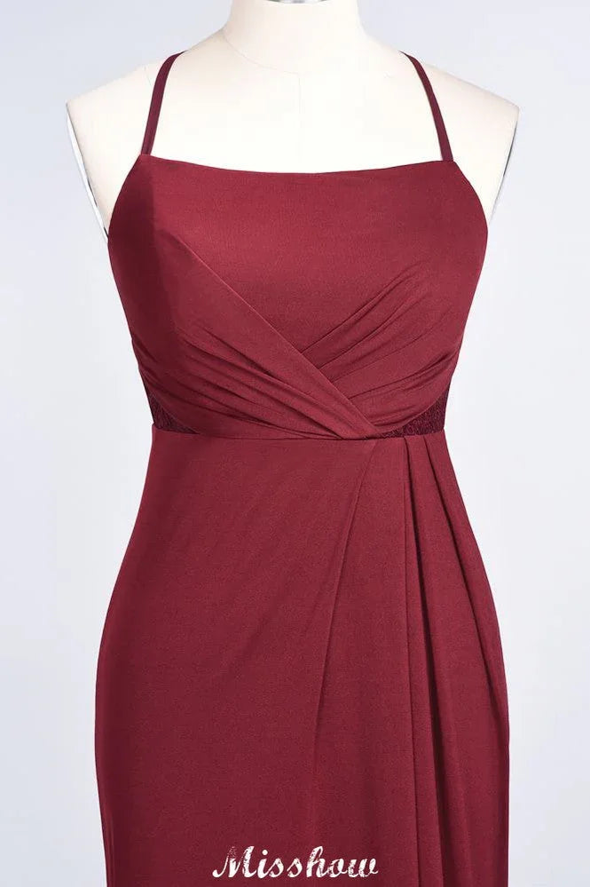 Robe de demoiselle d'honneur longue jusqu'au sol en dentelle et élasthanne, sans manches, à fines bretelles en forme de spaghetti, style sirène