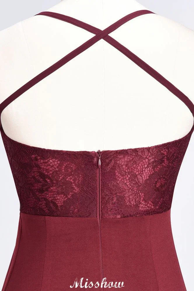 Abito da damigella lungo fino al pavimento in pizzo e spandex con spalline sottili senza maniche