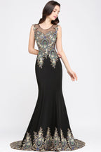 Mermaid Sweep Train Black Sleeveless Evening Dresses with Appliques