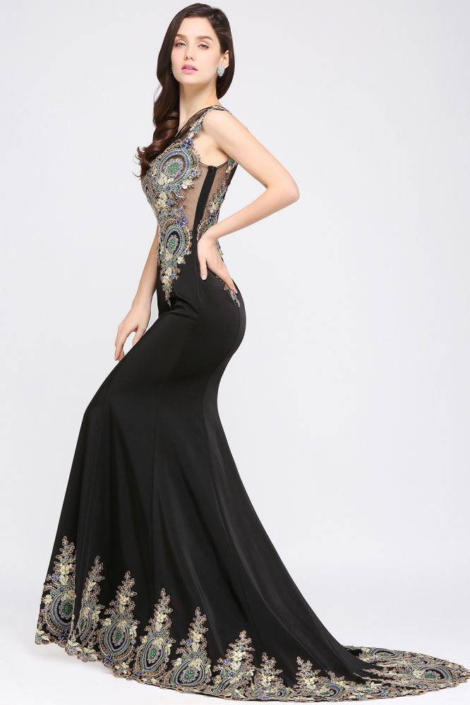 Mermaid Sweep Train Black Sleeveless Evening Dresses with Appliques