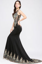 Mermaid Sweep Train Black Sleeveless Evening Dresses with Appliques