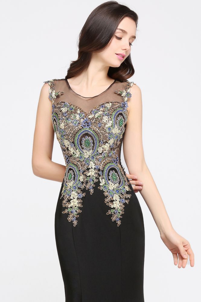 Mermaid Sweep Train Black Sleeveless Evening Dresses with Appliques