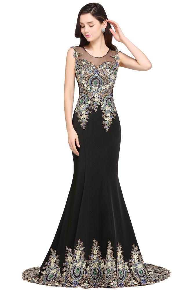 Mermaid Sweep Train Black Sleeveless Evening Dresses with Appliques