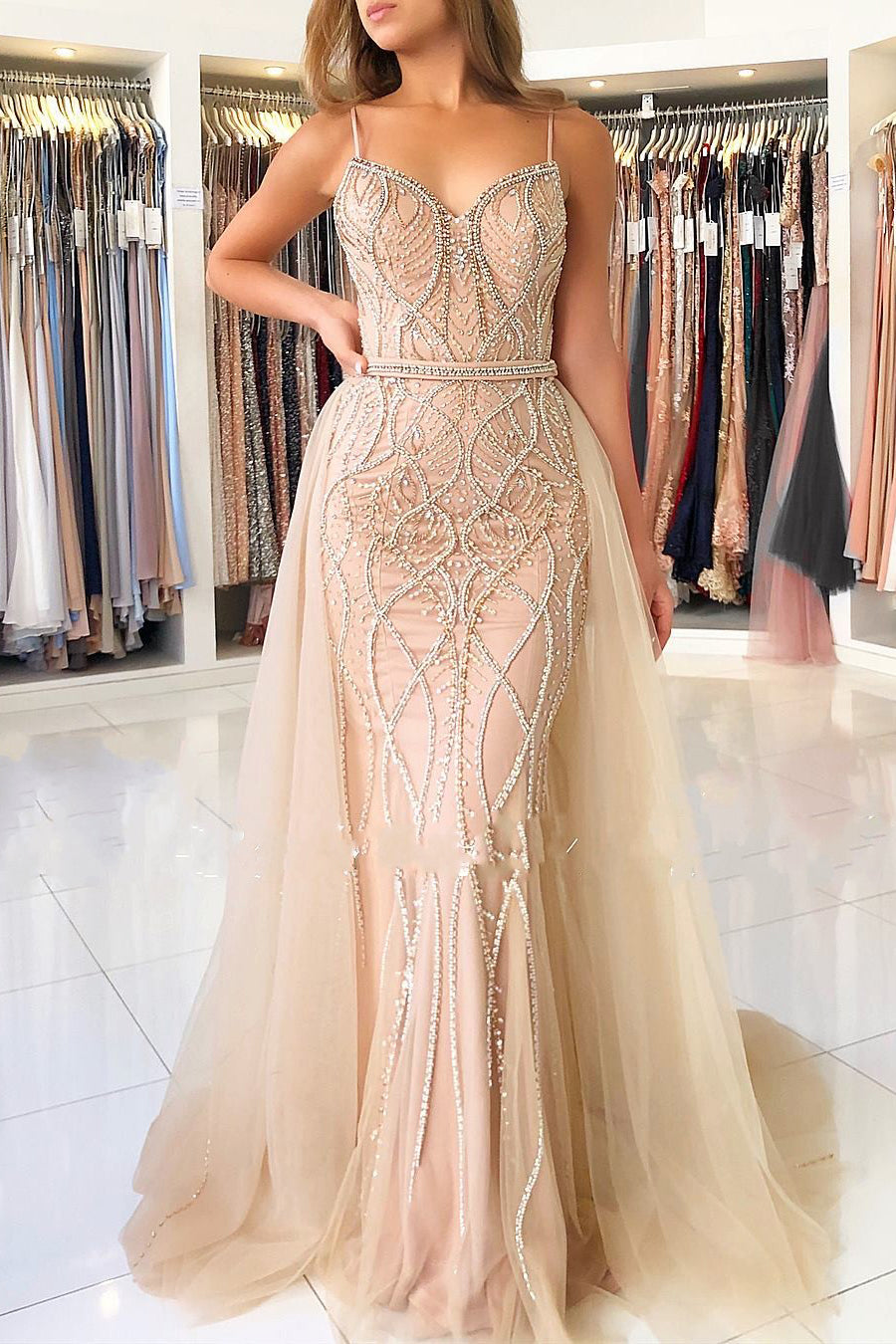 Mermaid Sweetheart Beading Long Prom Dress With Tulle Train