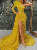 Mermaid Evening Gown Corsets Dress Formal Court Train Long Sleeve One Shoulder Sequined with Feather Sequin Slit