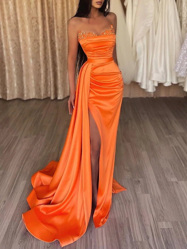 Vestido de noche de sirena, sexy, para graduación, con cola, sin mangas, sin tirantes, de satén con abertura, color puro