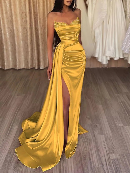 Vestido de noche de sirena, sexy, para graduación, con cola, sin mangas, sin tirantes, de satén con abertura, color puro