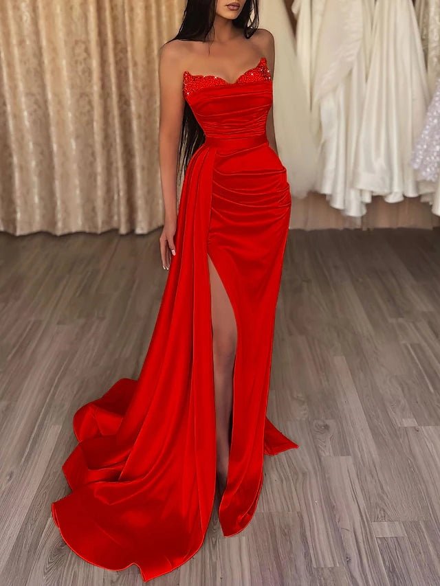 Vestido de noche de sirena, sexy, para graduación, con cola, sin mangas, sin tirantes, de satén con abertura, color puro