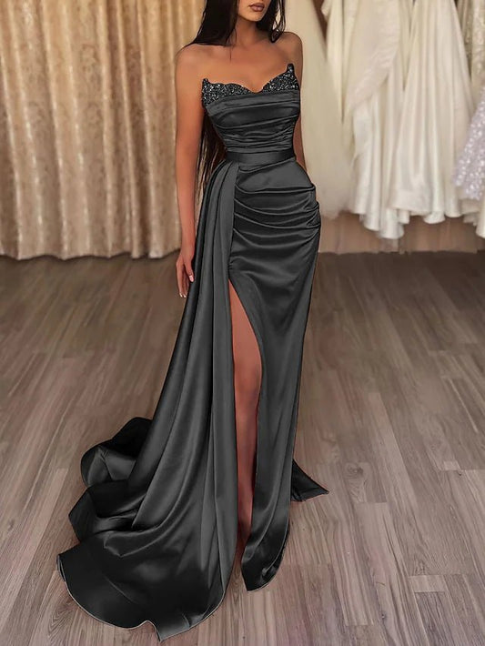 Meerjungfrau Abendkleid Sexy Kleid Ballkleid Hofschleppe Ärmellos Trägerlos Satin mit Schlitz Reine Farbe