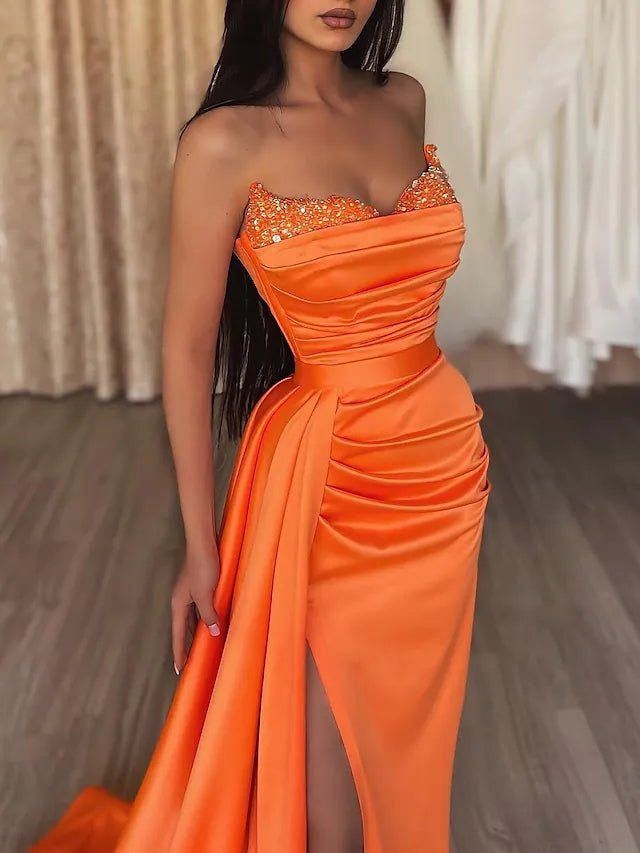 Vestido de noche de sirena, sexy, para graduación, con cola, sin mangas, sin tirantes, de satén con abertura, color puro