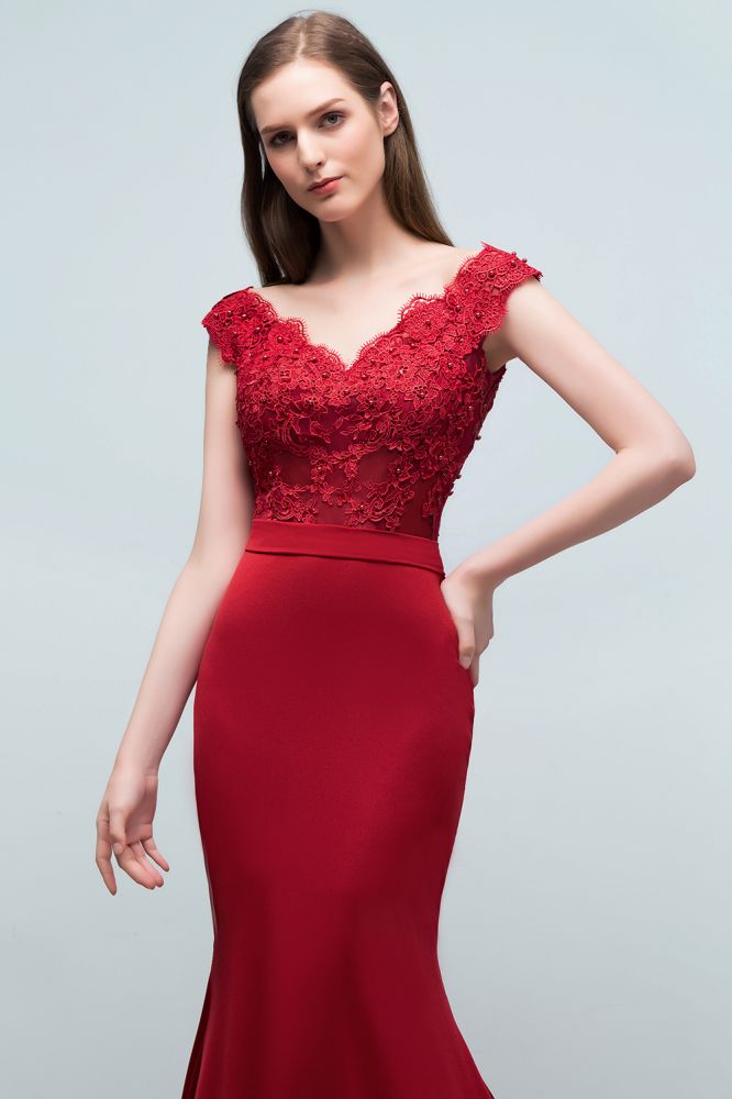 Vestidos de fiesta de sirena con escote en V, apliques de cuentas y largo hasta el suelo con faja