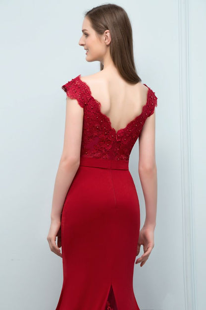 Vestidos de fiesta de sirena con escote en V, apliques de cuentas y largo hasta el suelo con faja