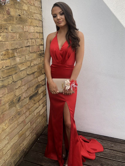 Mermaid V Neck Backless Backless Prom Dresses with Slit Halter Red Formal Evening Gowns