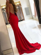 Mermaid V Neck Backless Lace Beaded Long Prom Dresses Red Formal Evening Gowns