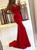 Mermaid V Neck Backless Lace Beaded Long Prom Dresses Red Formal Evening Gowns