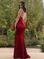 Mermaid V Neck Backless Satin Long Prom Dresses Open Back Formal Evening Gowns