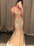 Mermaid V Neck Long Backless Prom Dresses Tulle Beads Formal Evening Gowns