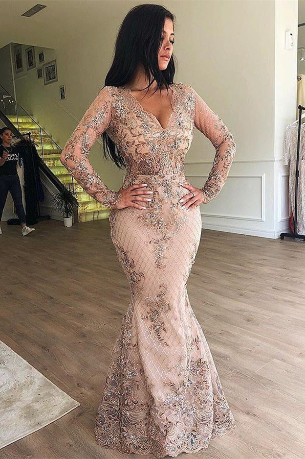 Vestidos de baile com decote em V de sereia, mangas compridas e aplicação, com saia destacável