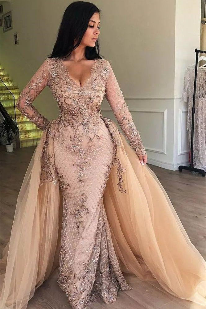 Vestidos de baile com decote em V de sereia, mangas compridas e aplicação, com saia destacável