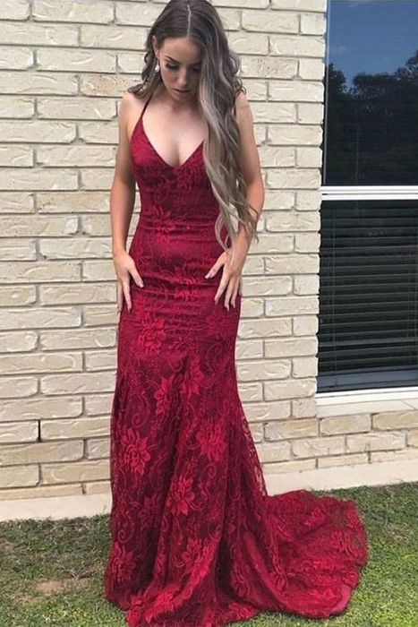 Mermaid V-neck Open Back Lace Long Burgundy Prom Dress