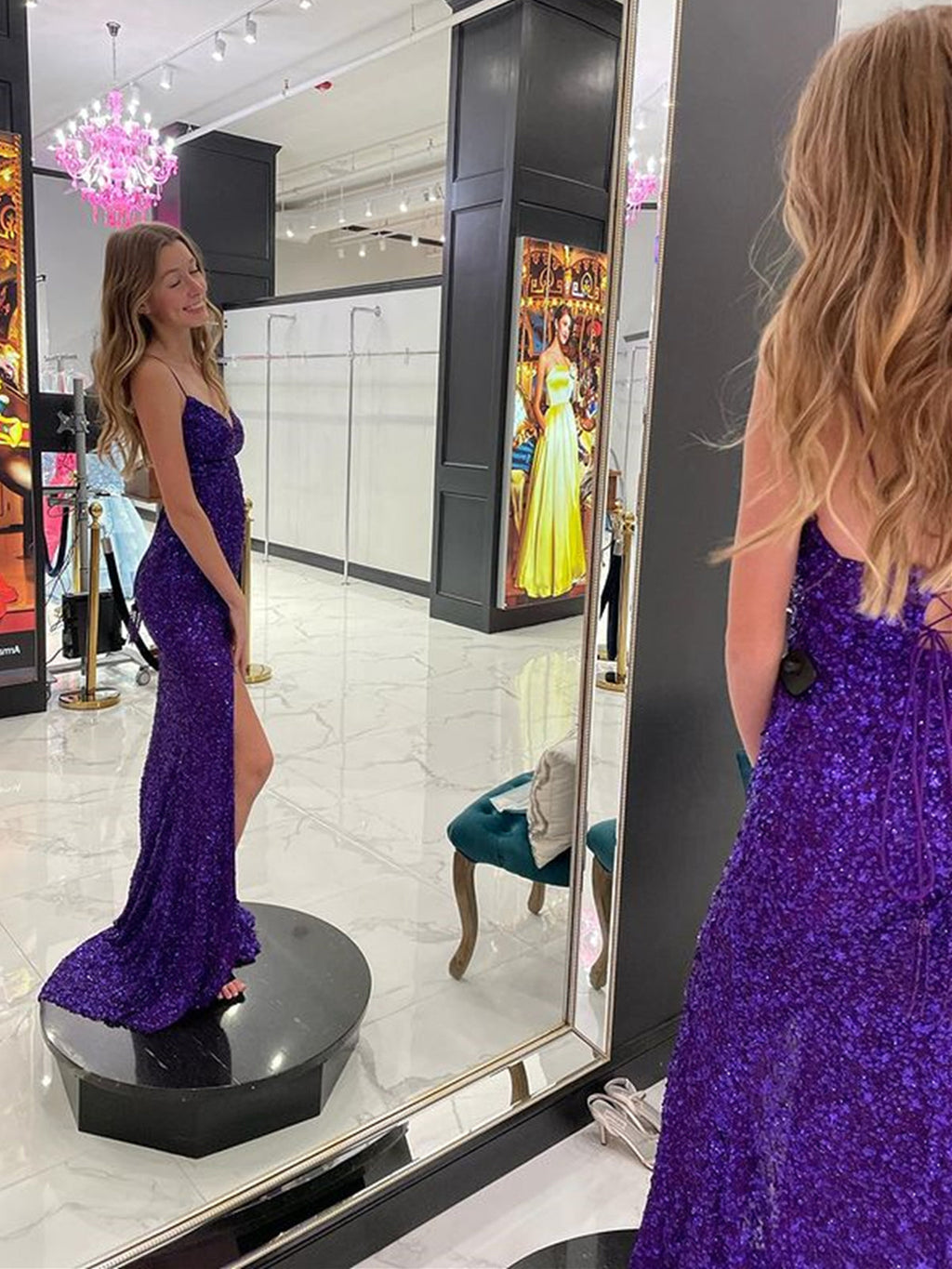 Mermaid V Neck Open Back Long Prom Dresses with Slit Sequins Formal Graduation Evening Gowns