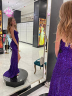 Mermaid V Neck Open Back Long Prom Dresses with Slit Sequins Formal Graduation Evening Gowns