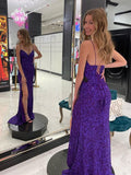 Mermaid V Neck Open Back Long Prom Dresses with Slit Sequins Formal Graduation Evening Gowns