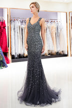 Mermaid V-neck Sleeveless Crystals Beading Long Evening Dresses