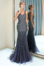 Mermaid V-neck Sleeveless Crystals Beading Long Evening Dresses