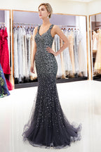 Mermaid V-neck Sleeveless Crystals Beading Long Evening Dresses