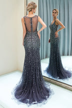 Mermaid V-neck Sleeveless Crystals Beading Long Evening Dresses