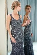 Mermaid V-neck Sleeveless Crystals Beading Long Evening Dresses