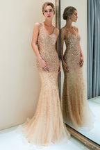 Mermaid V-neck Sleeveless Crystals Beading Long Evening Dresses