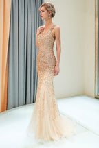 Mermaid V-neck Sleeveless Crystals Beading Long Evening Dresses