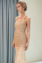 Mermaid V-neck Sleeveless Crystals Beading Long Evening Dresses