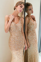 Mermaid V-neck Sleeveless Crystals Beading Long Evening Dresses