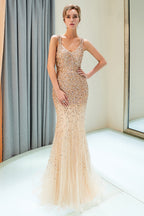 Mermaid V-neck Sleeveless Crystals Beading Long Evening Dresses