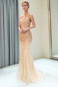Mermaid V-neck Sleeveless Crystals Beading Long Evening Dresses