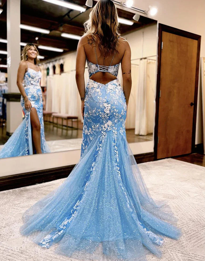 Aubrie | Robe de bal en tulle et dentelle à fines bretelles spaghetti style sirène avec fente