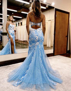 Aubrie | Robe de bal en tulle et dentelle à fines bretelles spaghetti style sirène avec fente