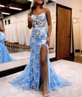 Aubrie | Robe de bal en tulle et dentelle à fines bretelles spaghetti style sirène avec fente