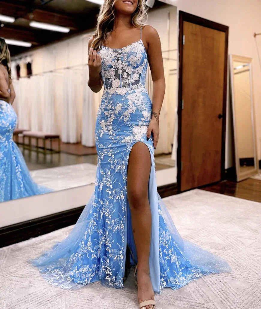 Aubrie | Robe de bal en tulle et dentelle à fines bretelles spaghetti style sirène avec fente