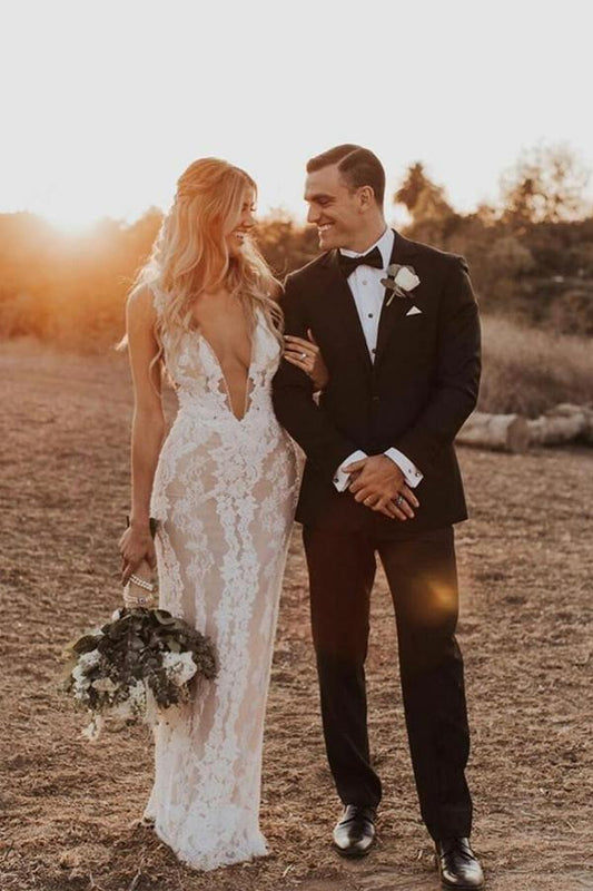 Meerjungfrau/Trompete Tiefer V-Ausschnitt Spitze Boho Brautkleid Brautkleid