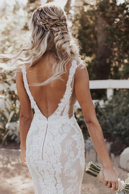 Meerjungfrau/Trompete Tiefer V-Ausschnitt Spitze Boho Brautkleid Brautkleid