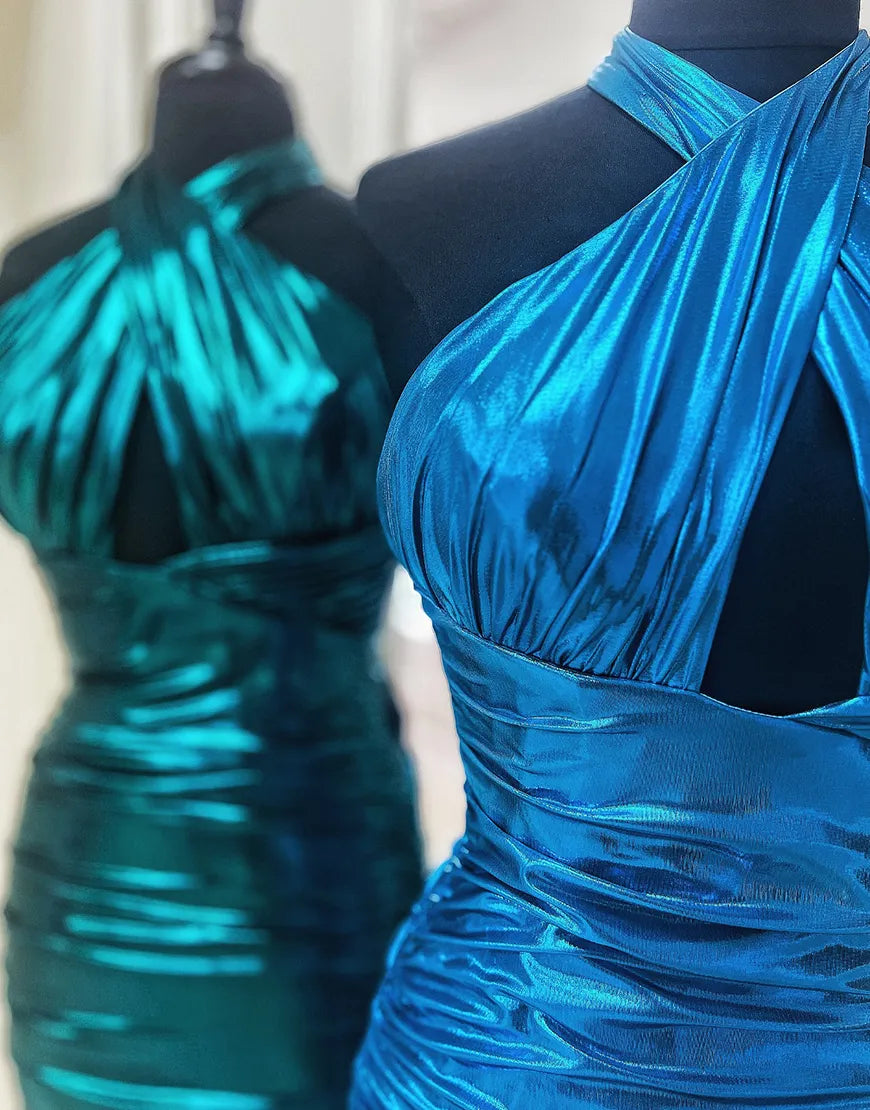 Metallic Emerald Green Halter Tight Satin Homecoming Dress