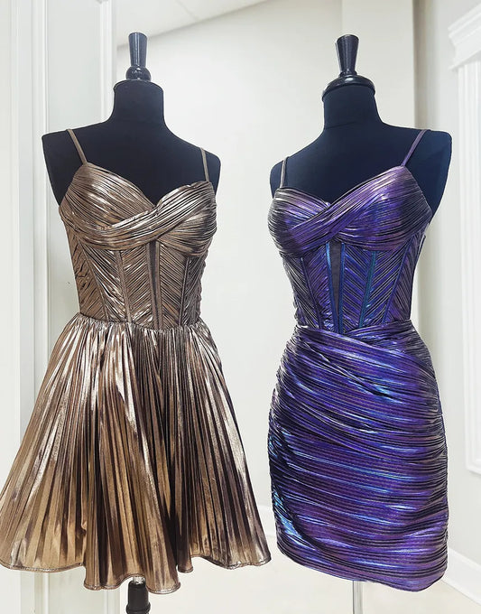 Metallic-Gold A-Linie Satin Spaghettiträger Homecoming-Kleid