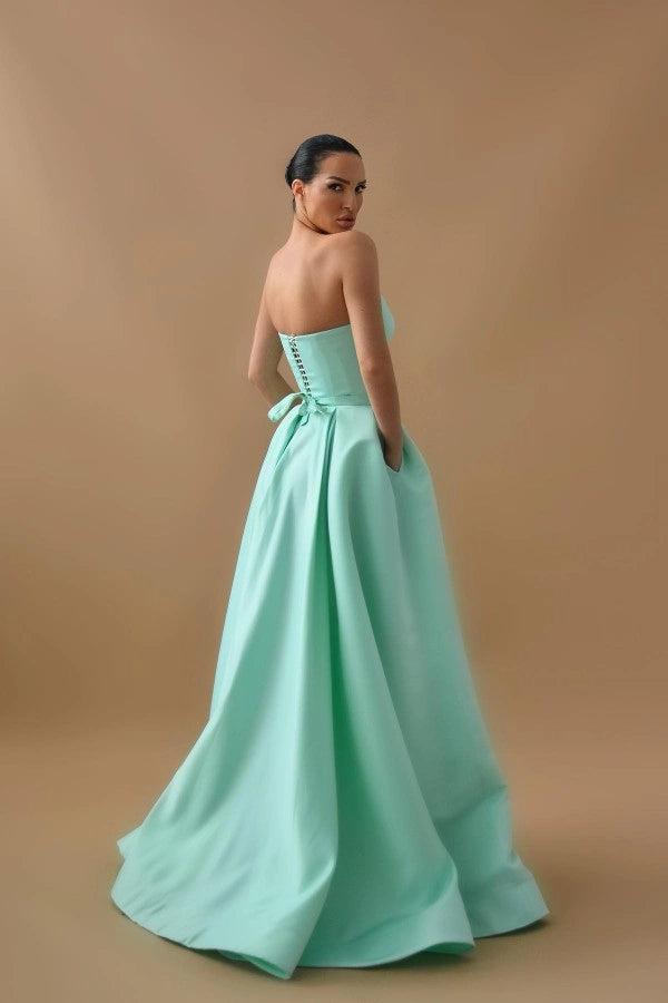 Mint Green Satin Strapless A Line Prom Dress Pleated Scallop Bow Back Gown