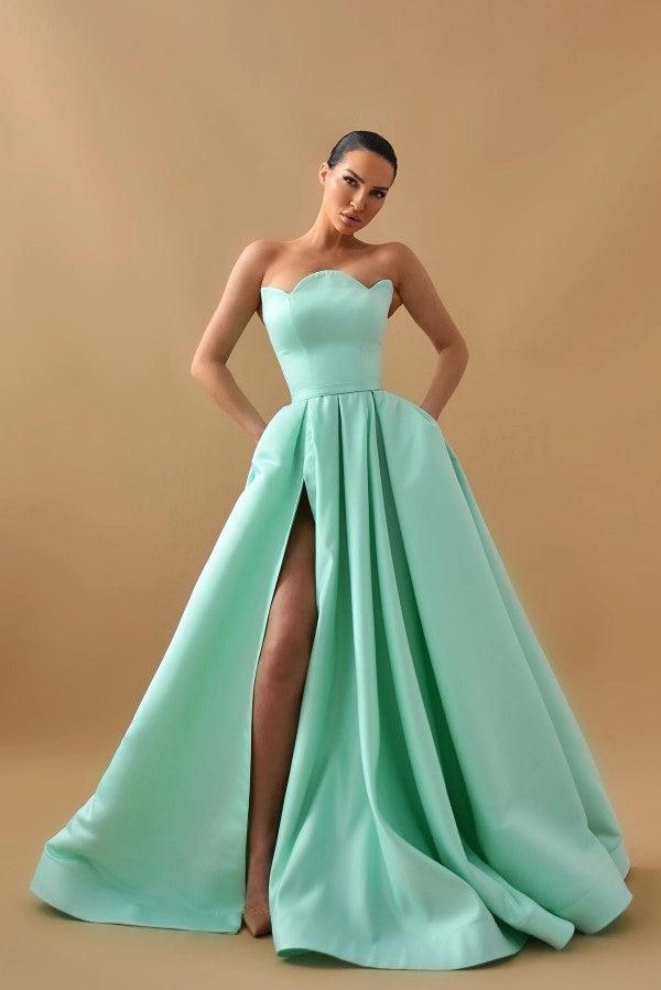 Mint Green Satin Strapless A Line Prom Dress Pleated Scallop Bow Back Gown